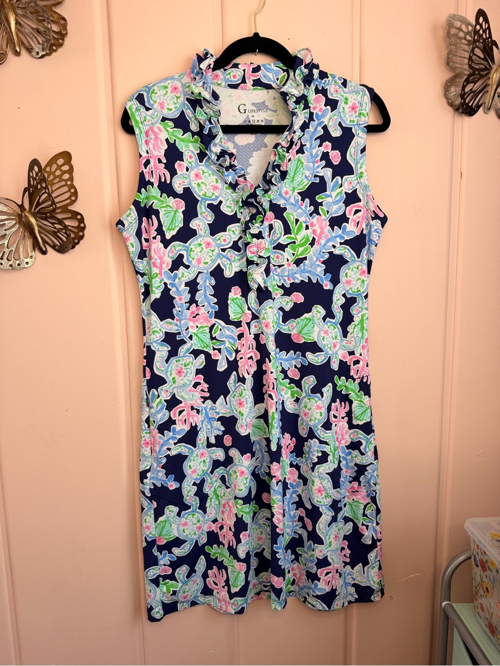 G Lifestyle Navy Floral Ruffle Sleeveless Midi Dress szM